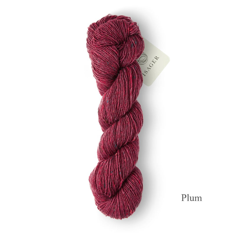 Plum Isager Tweed yarn is available to buy online from UK wool shop, Ida's House. 