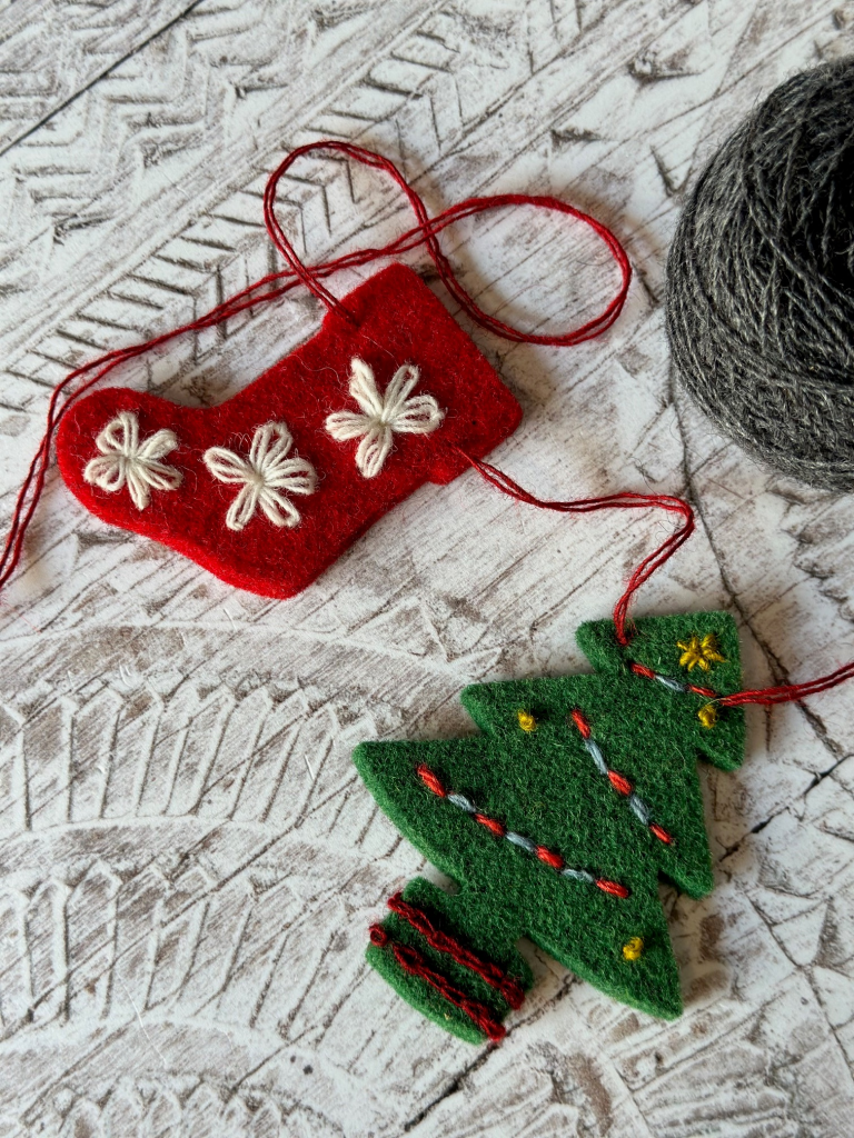 Decorations from the Christmas garland embroidery workshop at UK wool shop, Ida's House. 