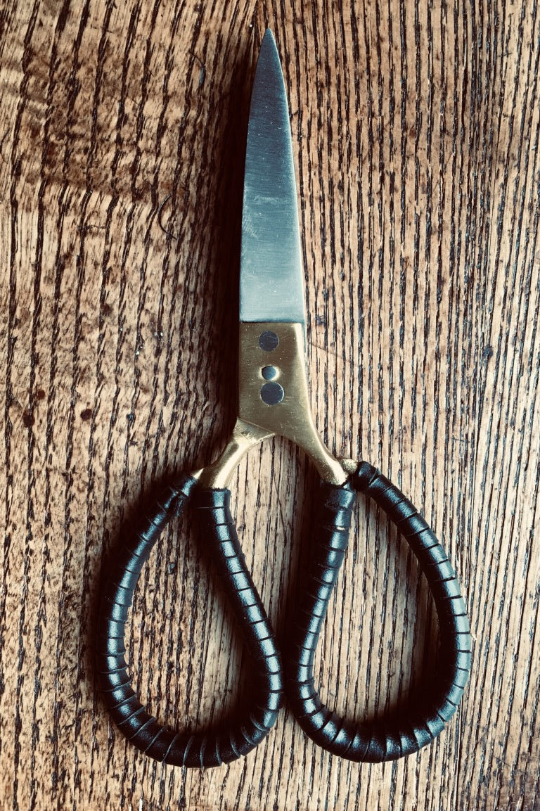 Large Brass and Steel Leather Grip Scissors are available to buy online from UK wool shop, Ida's House.