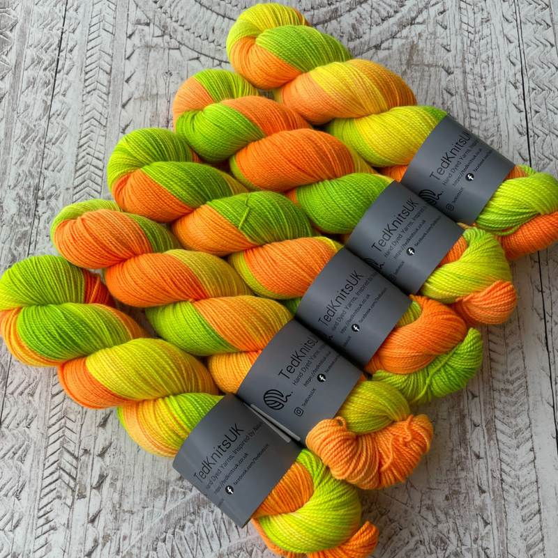 Tequila Sunrise Ted Knits Hand dyed yarn is available to buy online from UK wool shop, Ida's House.